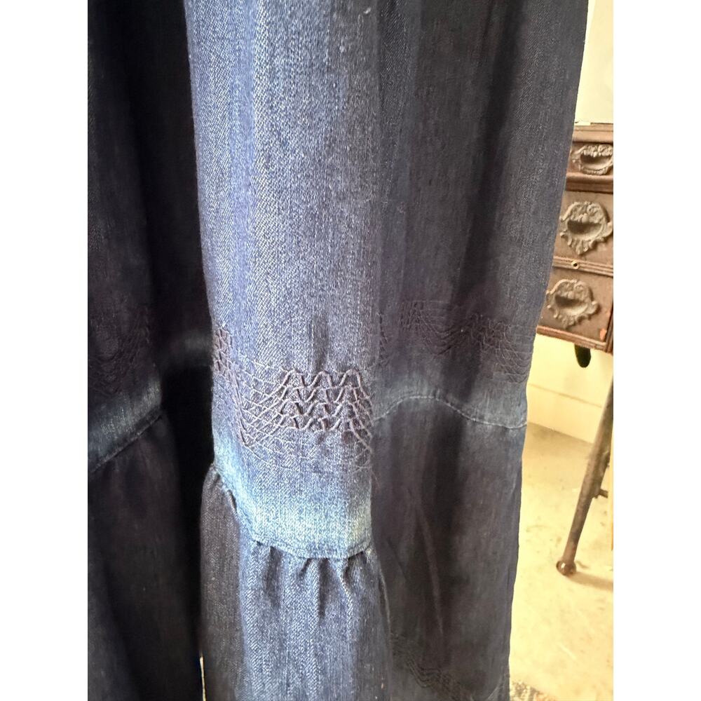 Dark Chambray Strapless Maxi Dress Smocked Tiered Boho Cottagecore - Picture 3 of 5